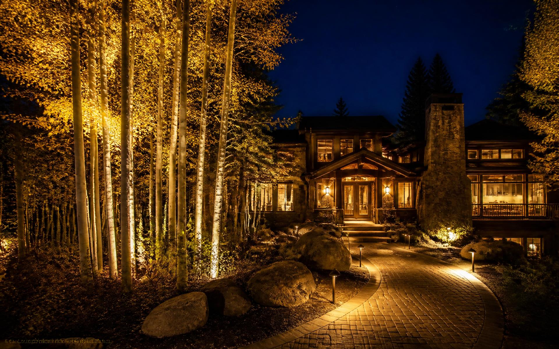Aspen grove uplit with warm landscape lighting at night beside a Lake Tahoe home