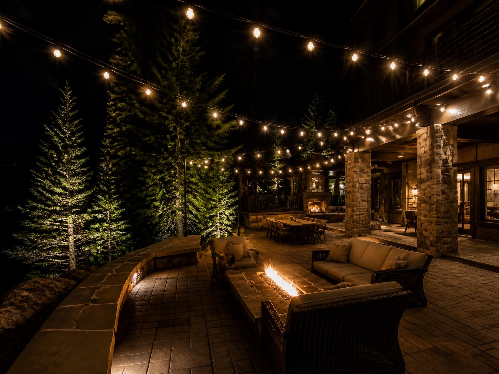 Paver patio with warm string lights and fire feature at night