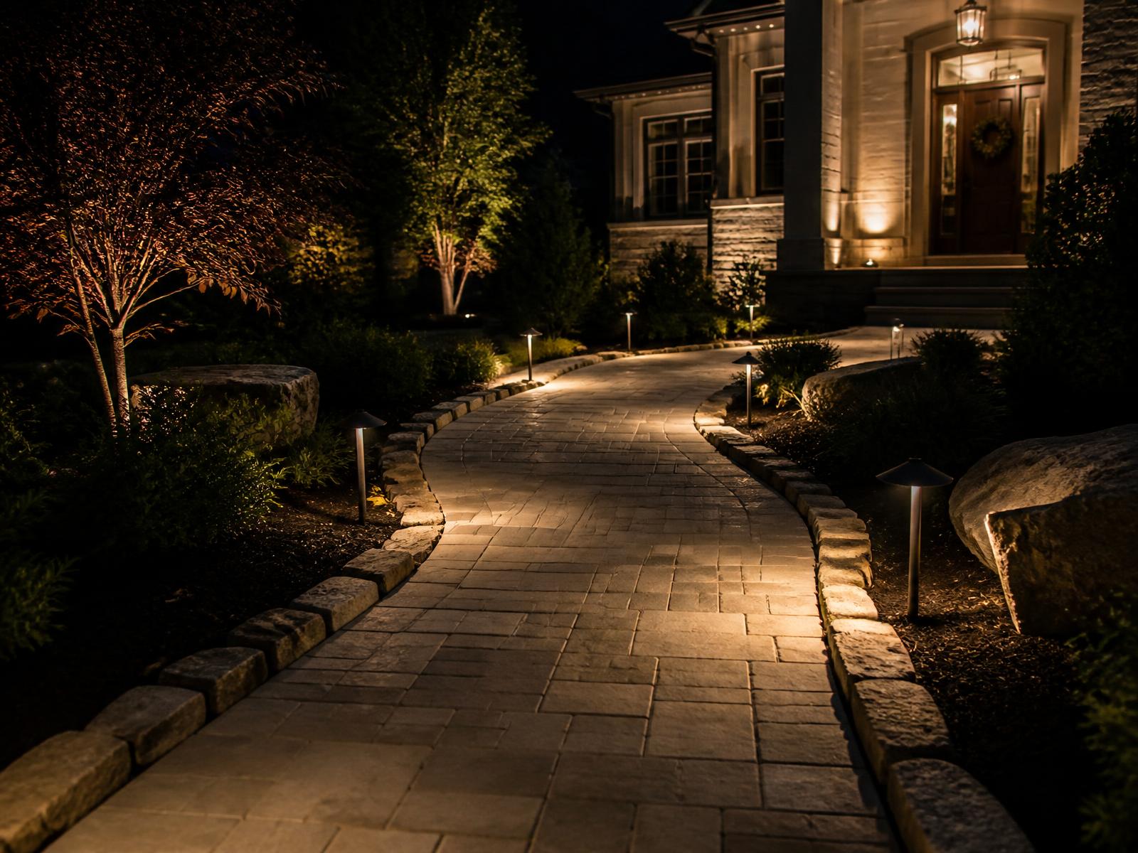 Paver walkway with warm path lights at night