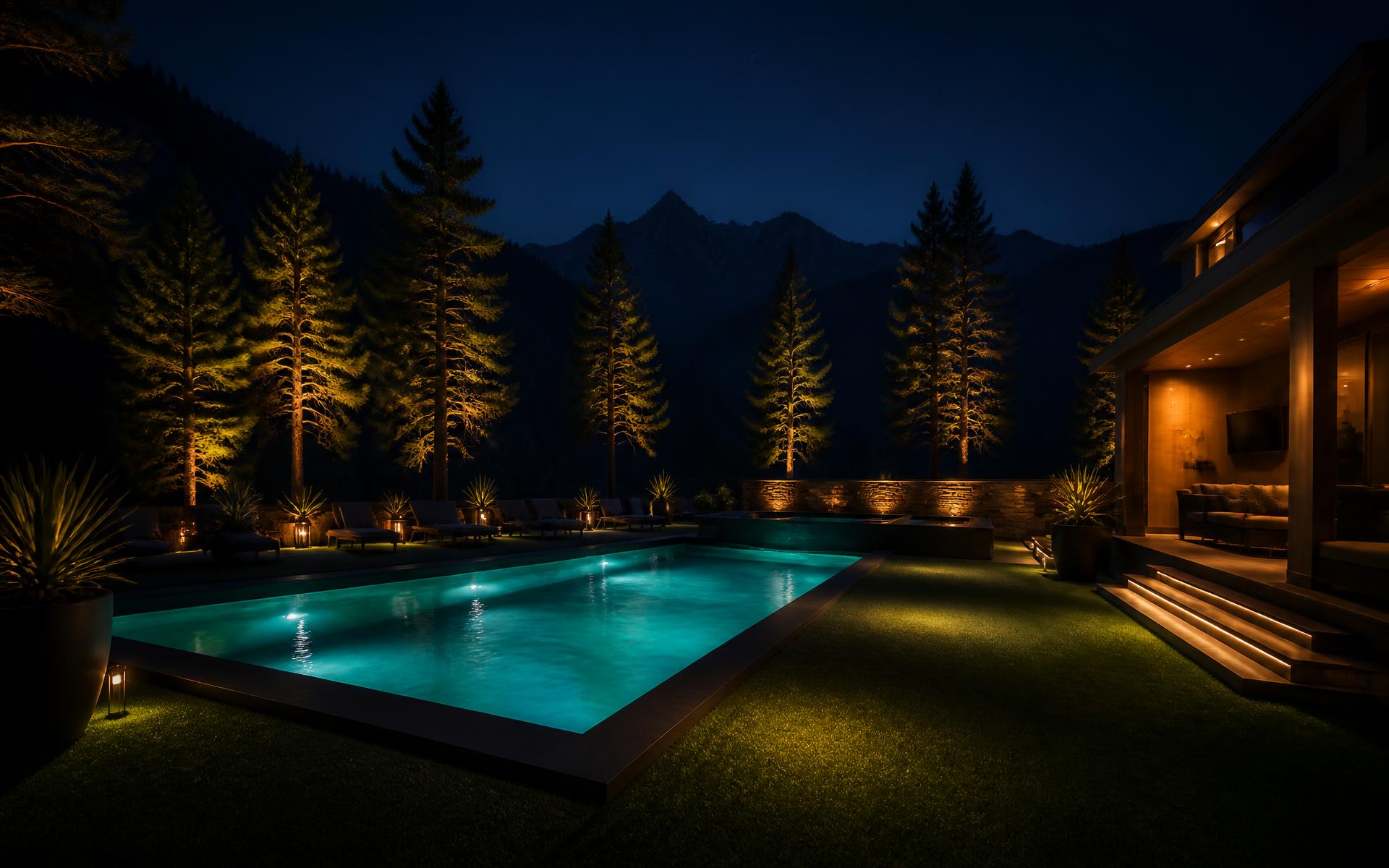 Lit swimming pool with synthetic turf surround at night