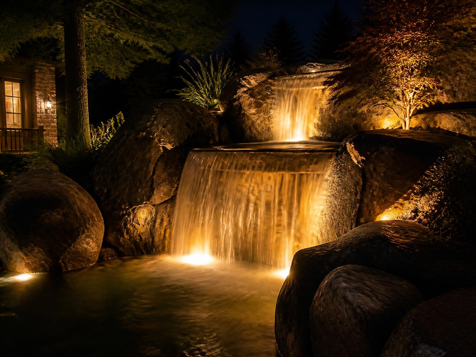 Boulder water feature glowing with submerged lighting at night